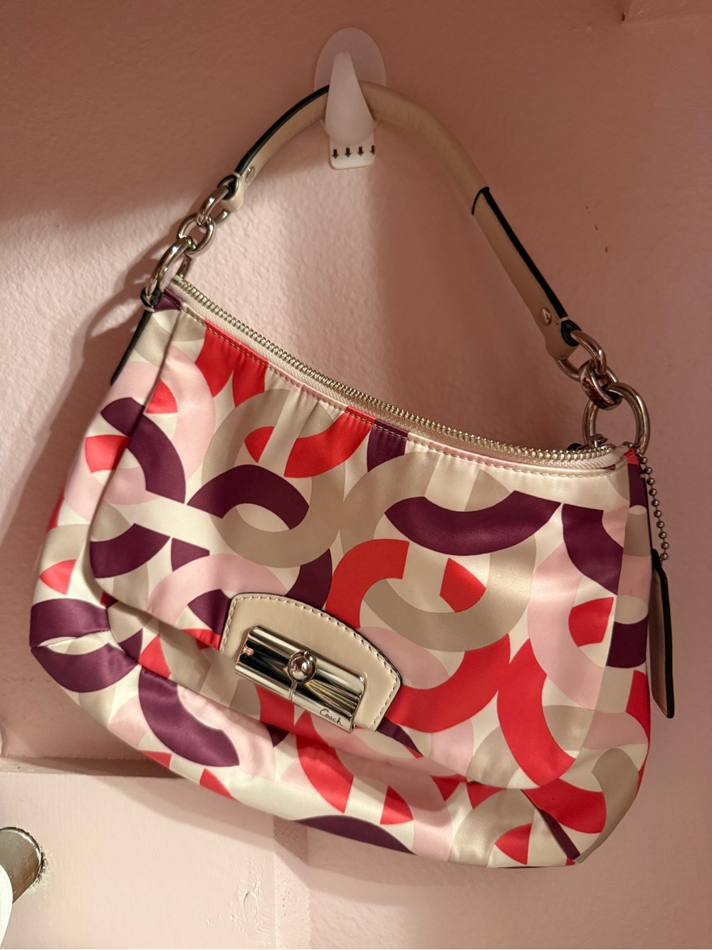 Coach Multicolor Chain-Accent Shoulder Bag in Pink, Purple, Red & Cream